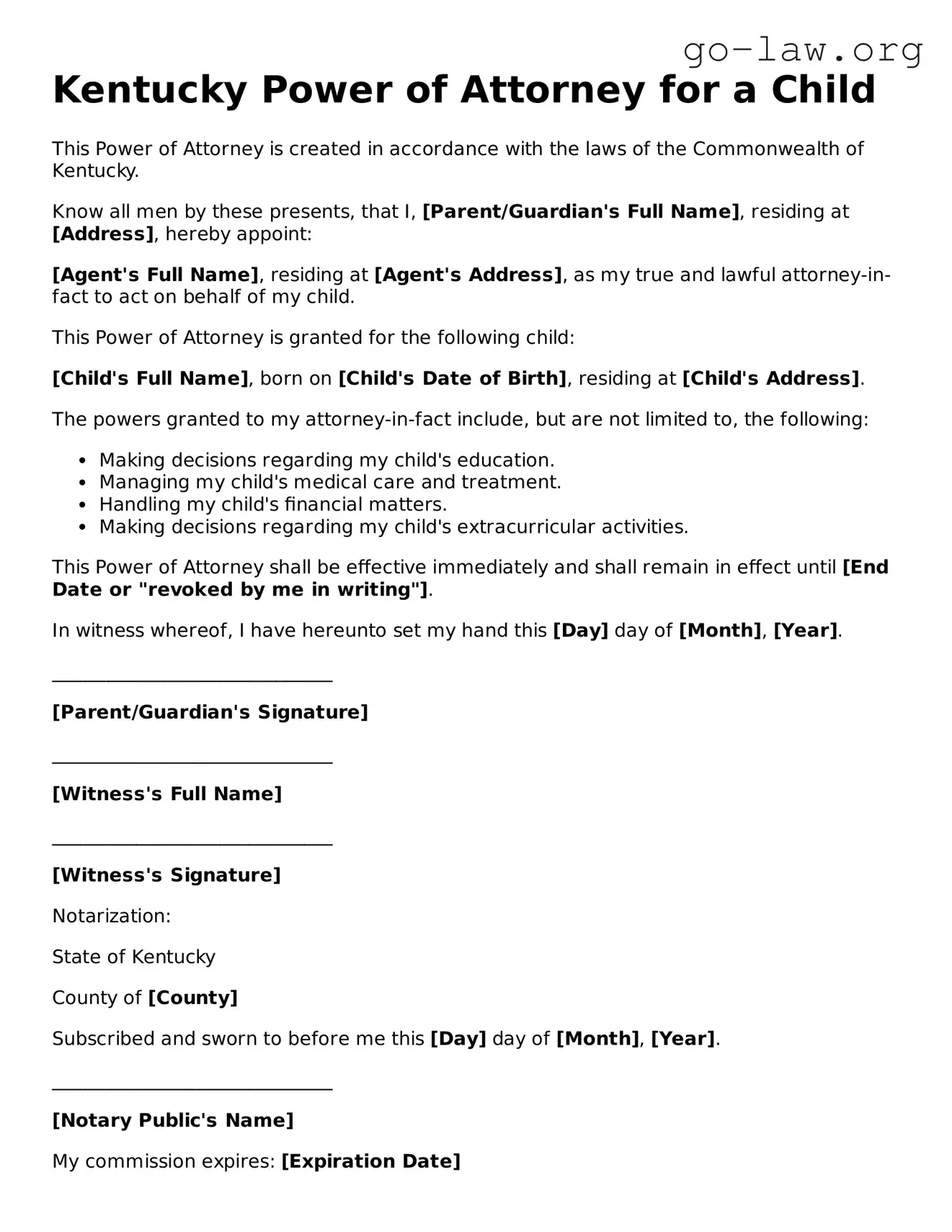 Fillable Kentucky Power of Attorney for a Child Form