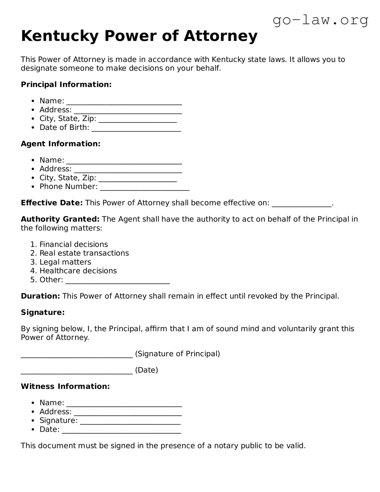 Fillable Kentucky Power of Attorney Form