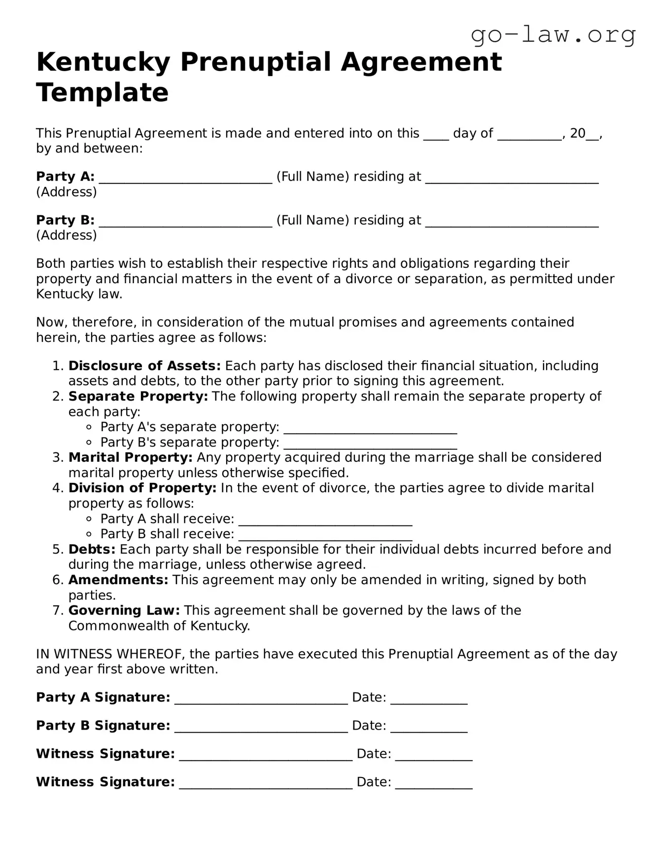 Fillable Kentucky Prenuptial Agreement Form