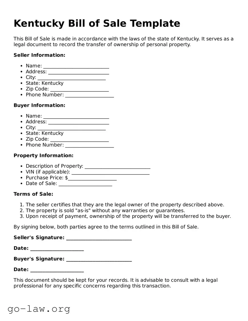 Fillable Kentucky Bill of Sale Form
