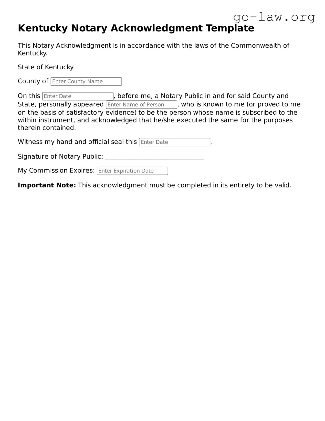 Fillable Kentucky Notary Acknowledgement Form