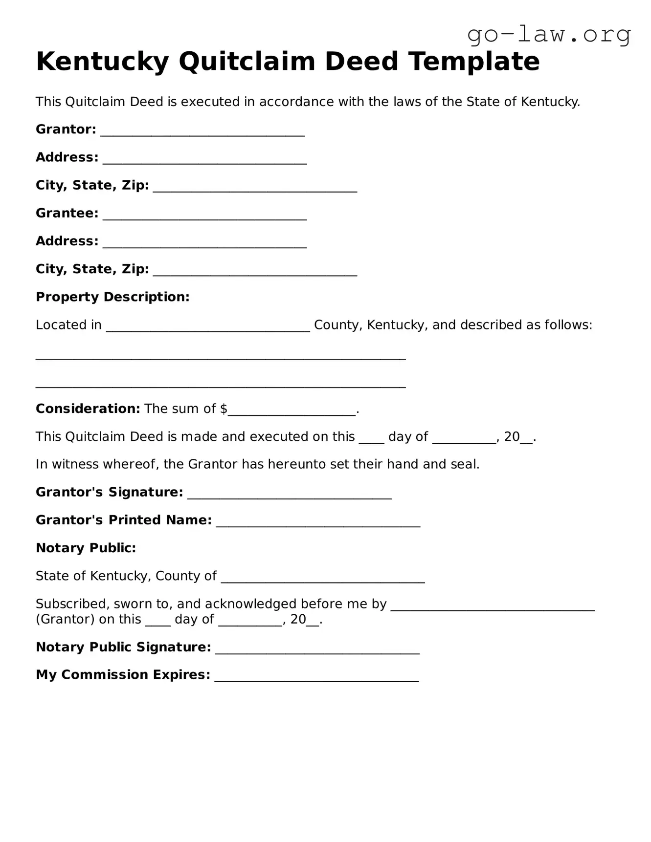 Fillable Kentucky Quitclaim Deed Form