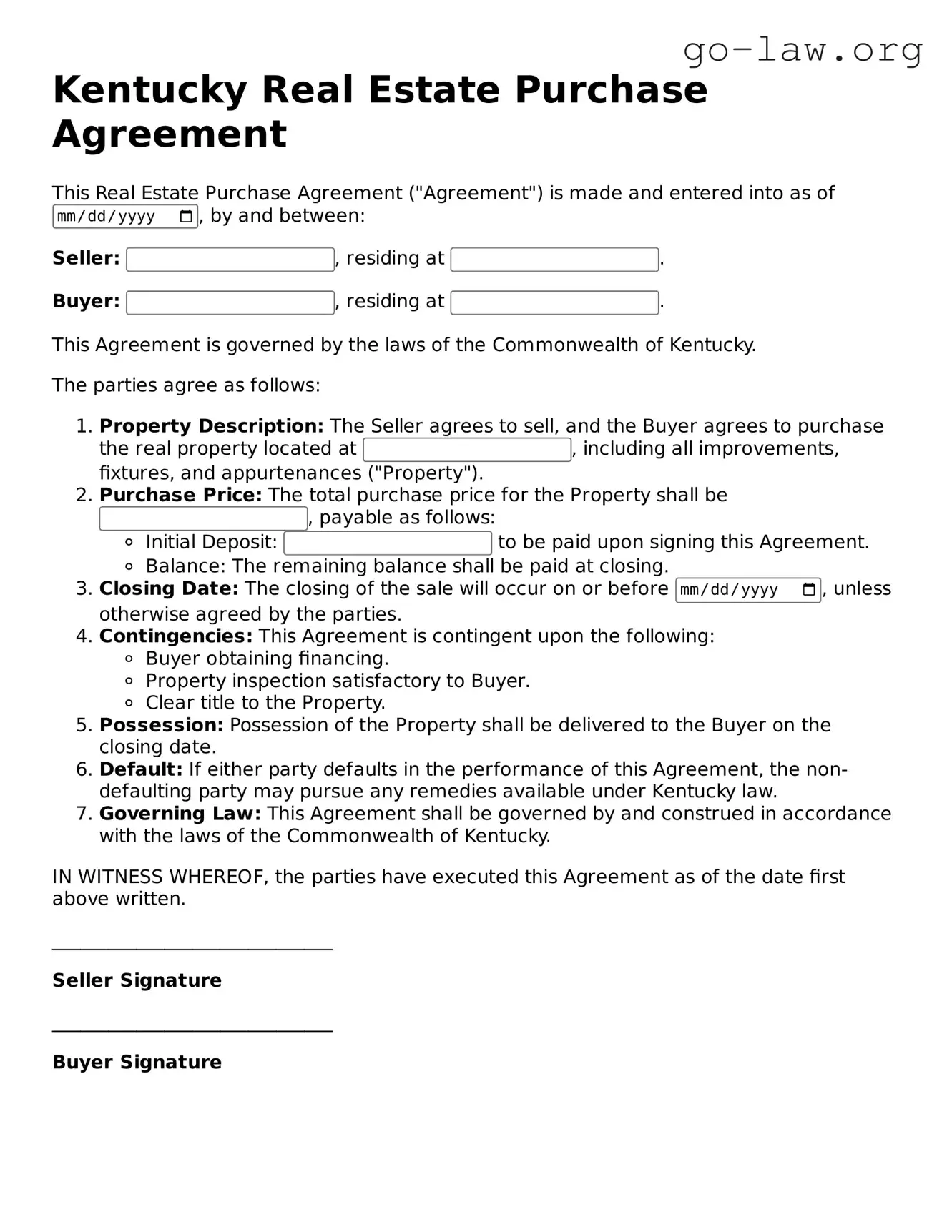 Fillable Kentucky Real Estate Purchase Agreement Form