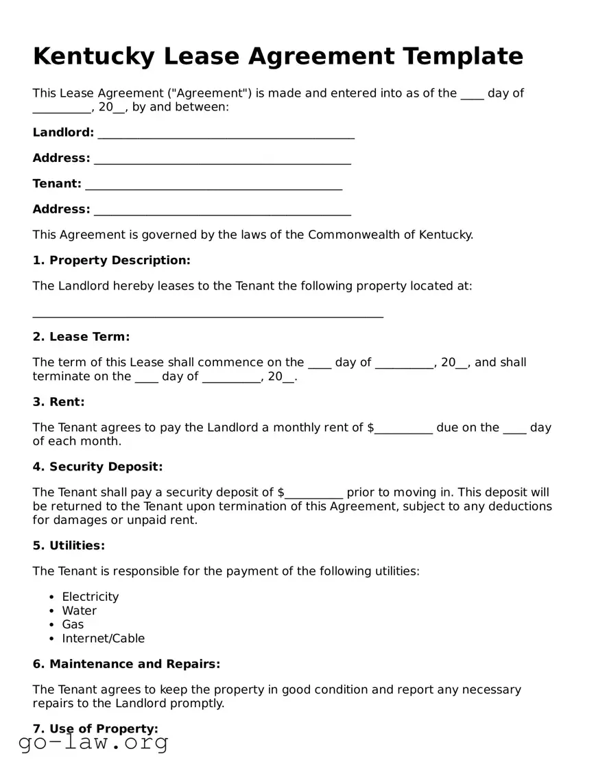 Fillable Kentucky Lease Agreement Form