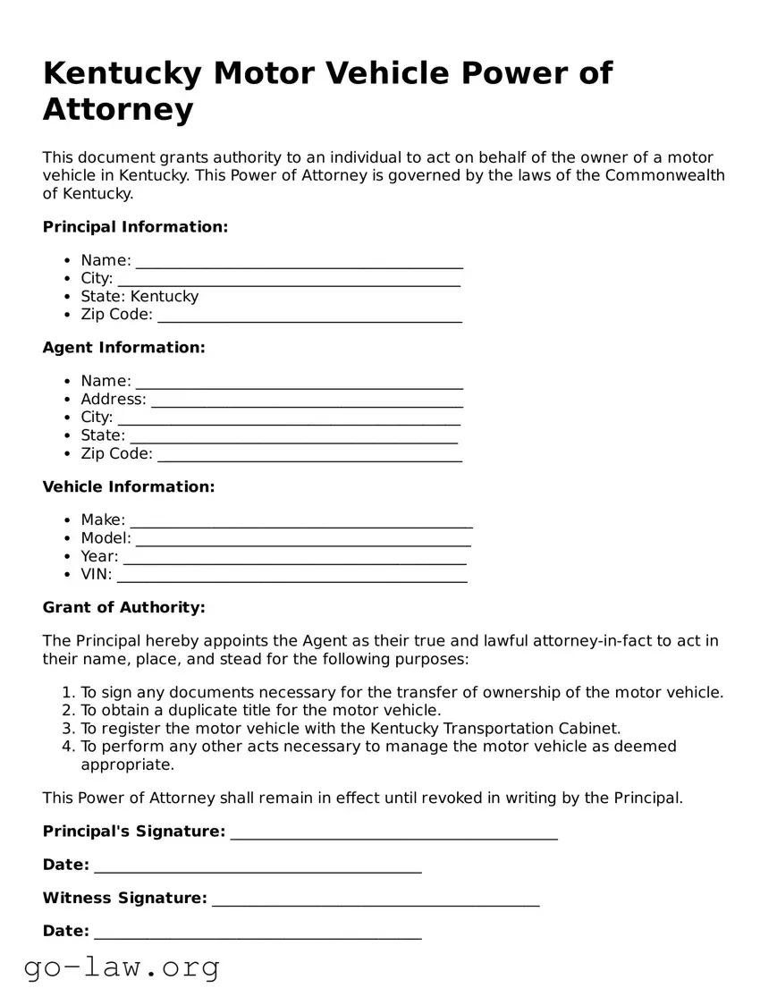Fillable Kentucky Motor Vehicle Power of Attorney Form
