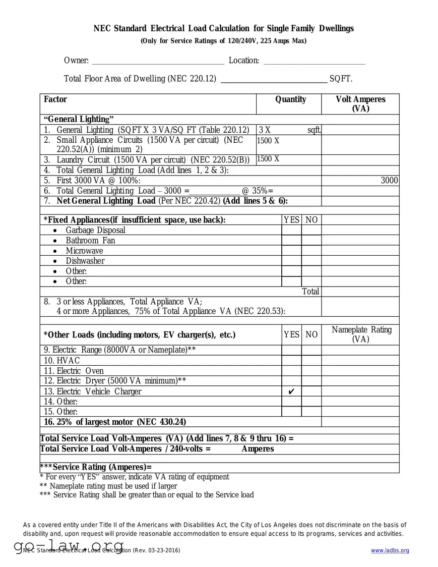 Download LADBS NEC Standard Electrical Load Calculation Form in PDF