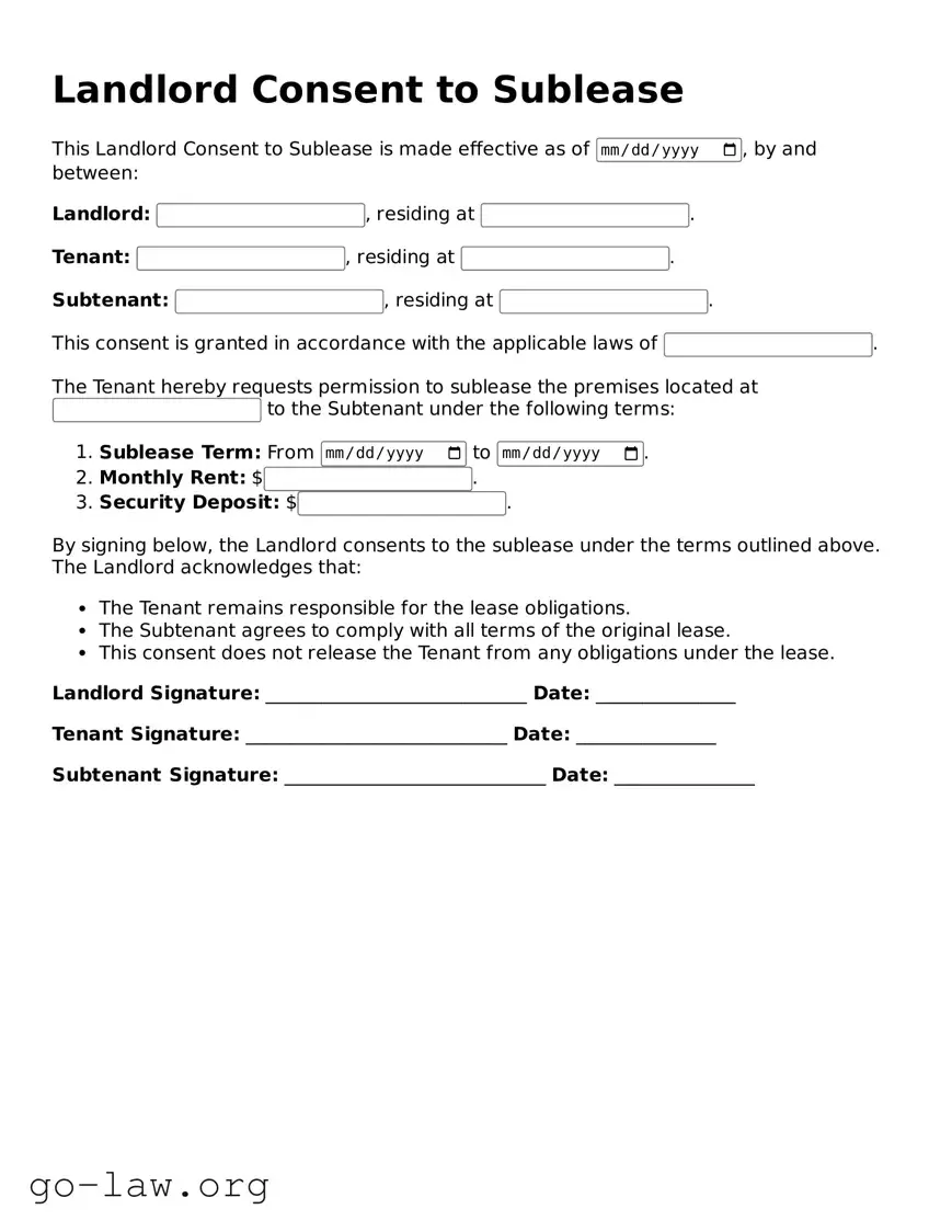Blank Landlord Consent to Sublease Template