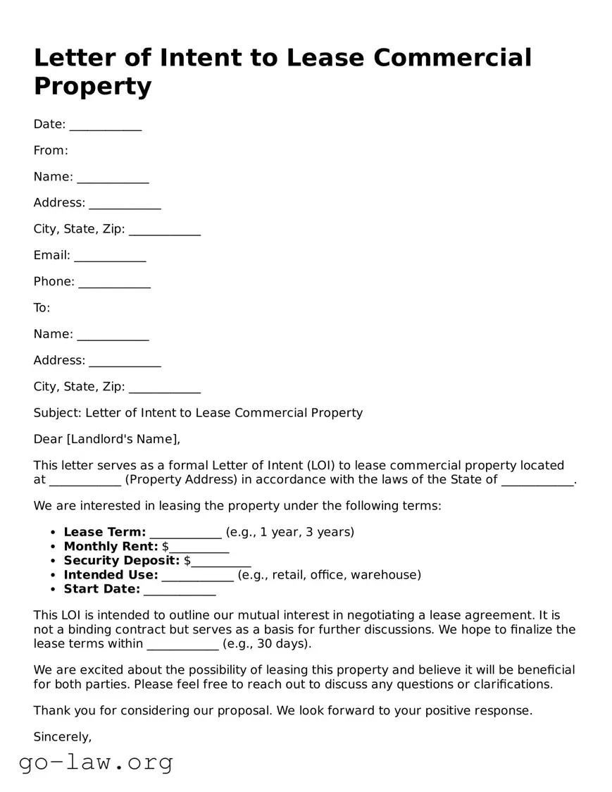 Blank Letter of Intent to Lease Commercial Property Template