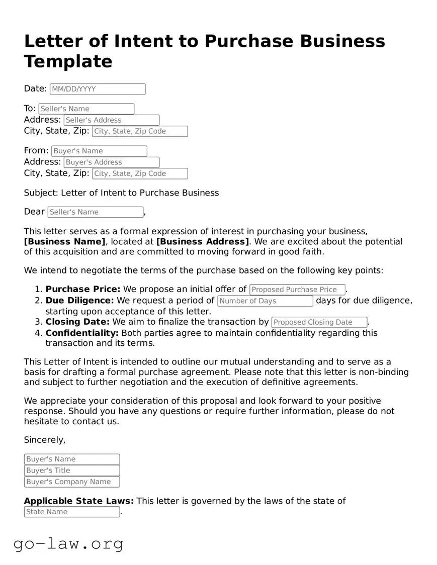 Blank Letter of Intent to Purchase Business Template