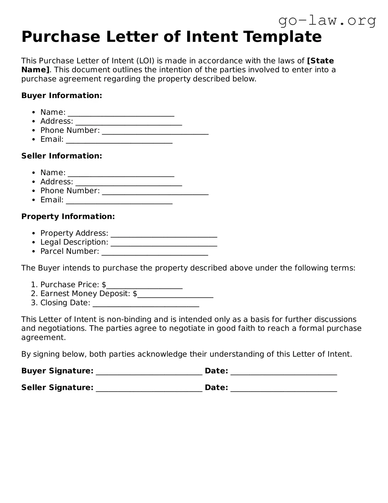 Blank Purchase Letter of Intent Template