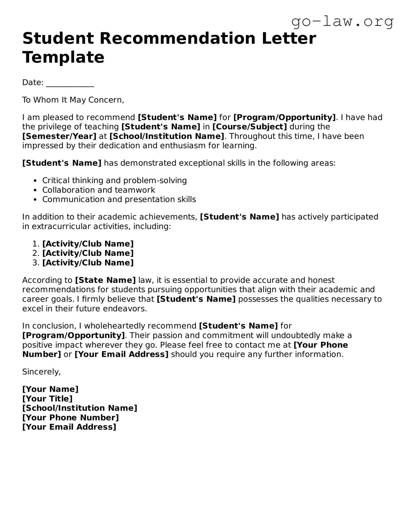 Blank Student Recommendation Letter Template