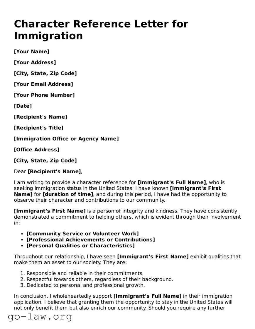 Blank Character Reference Letter for Immigration Template