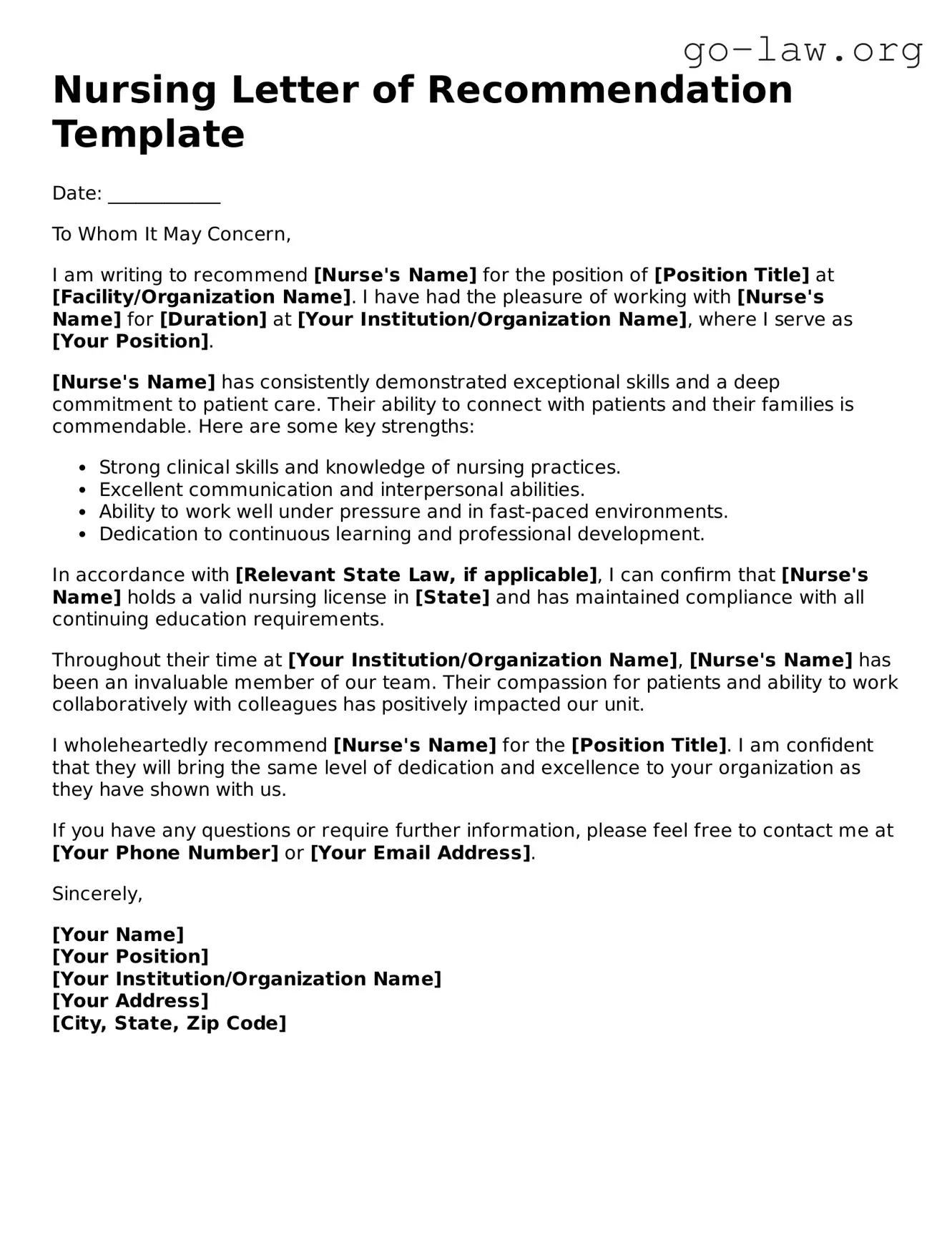 Blank Nursing Letter of Recommendation Template