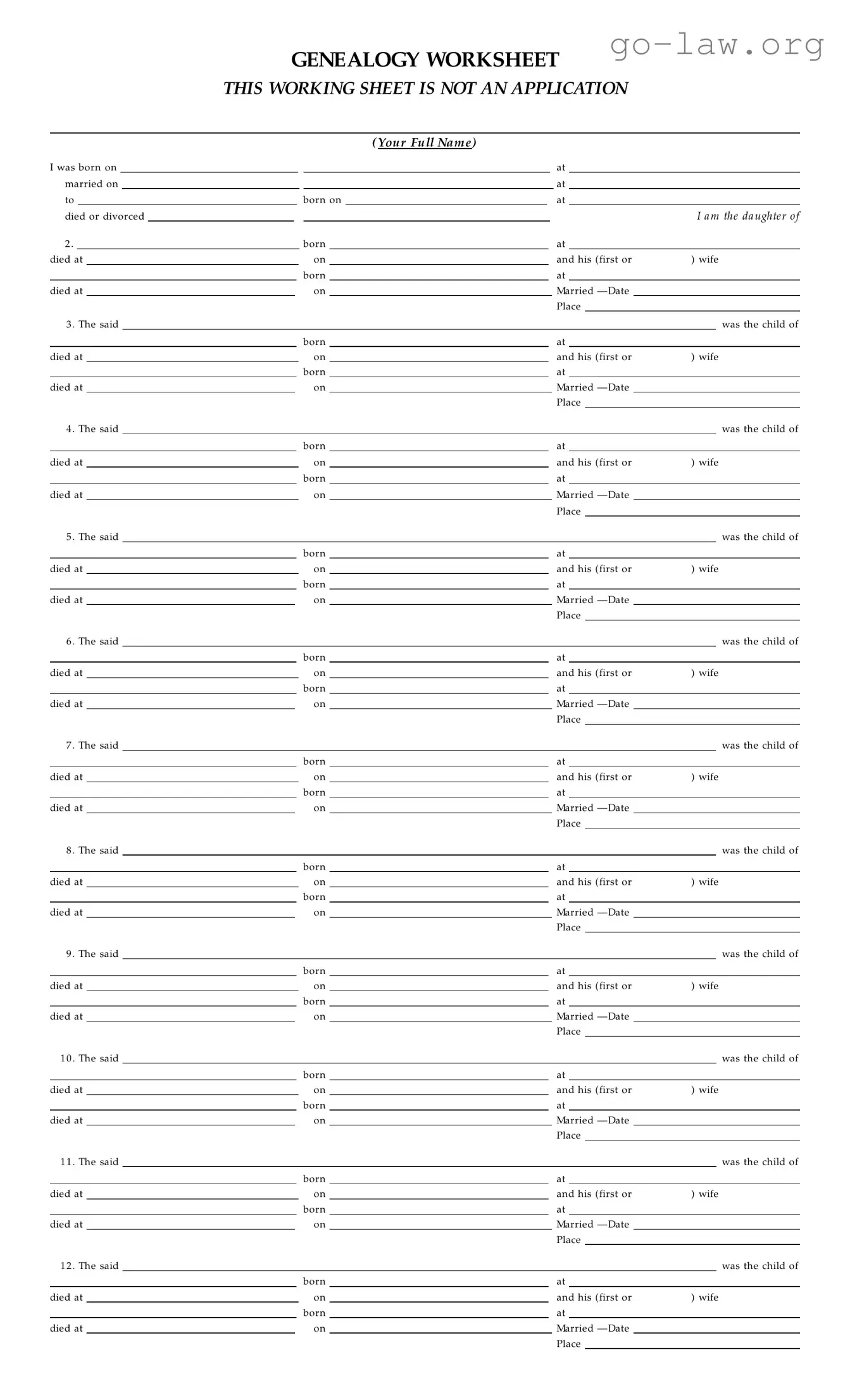 Download Dar Genealogy Worksheet Form in PDF