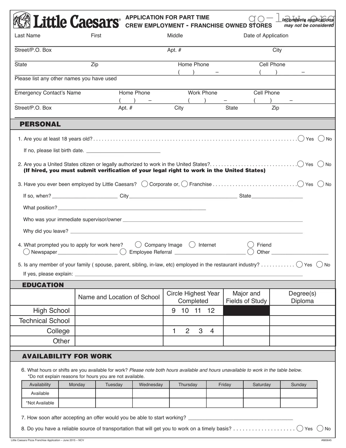 Download Little Caesars Job Application Form in PDF