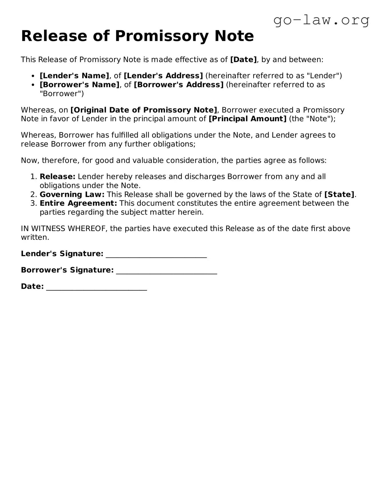 Blank Release of Promissory Note Template