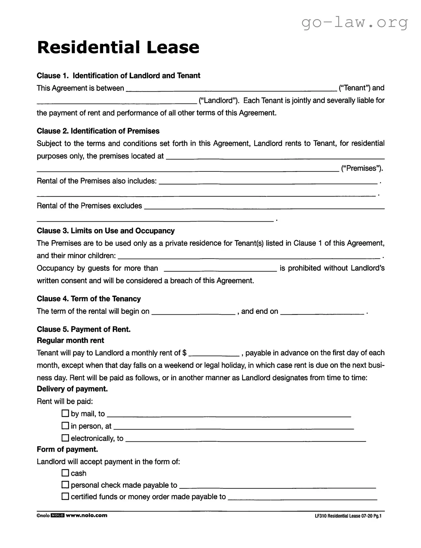 Download Lf310 Residential Lease Form in PDF