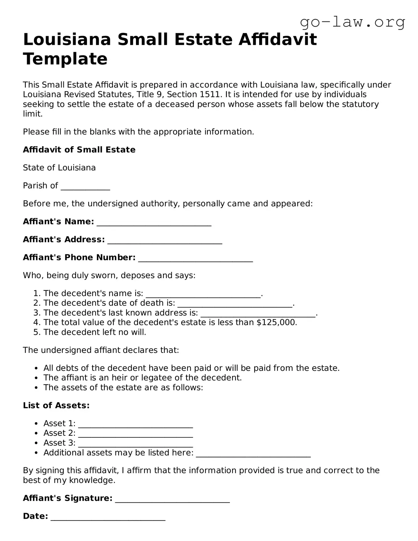 Fillable Louisiana Small Estate Affidavit Form