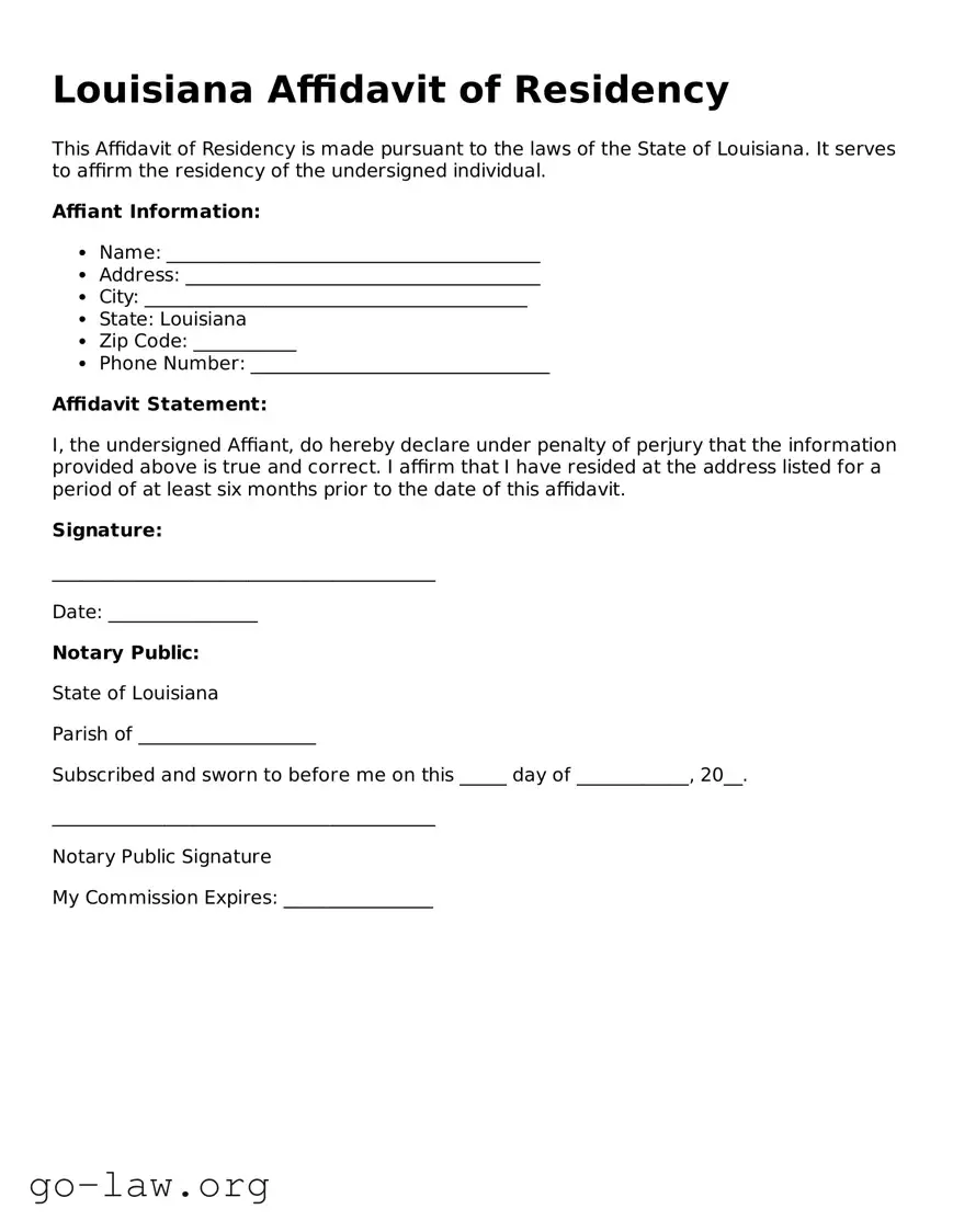 Fillable Louisiana Affidavit of Residency Form