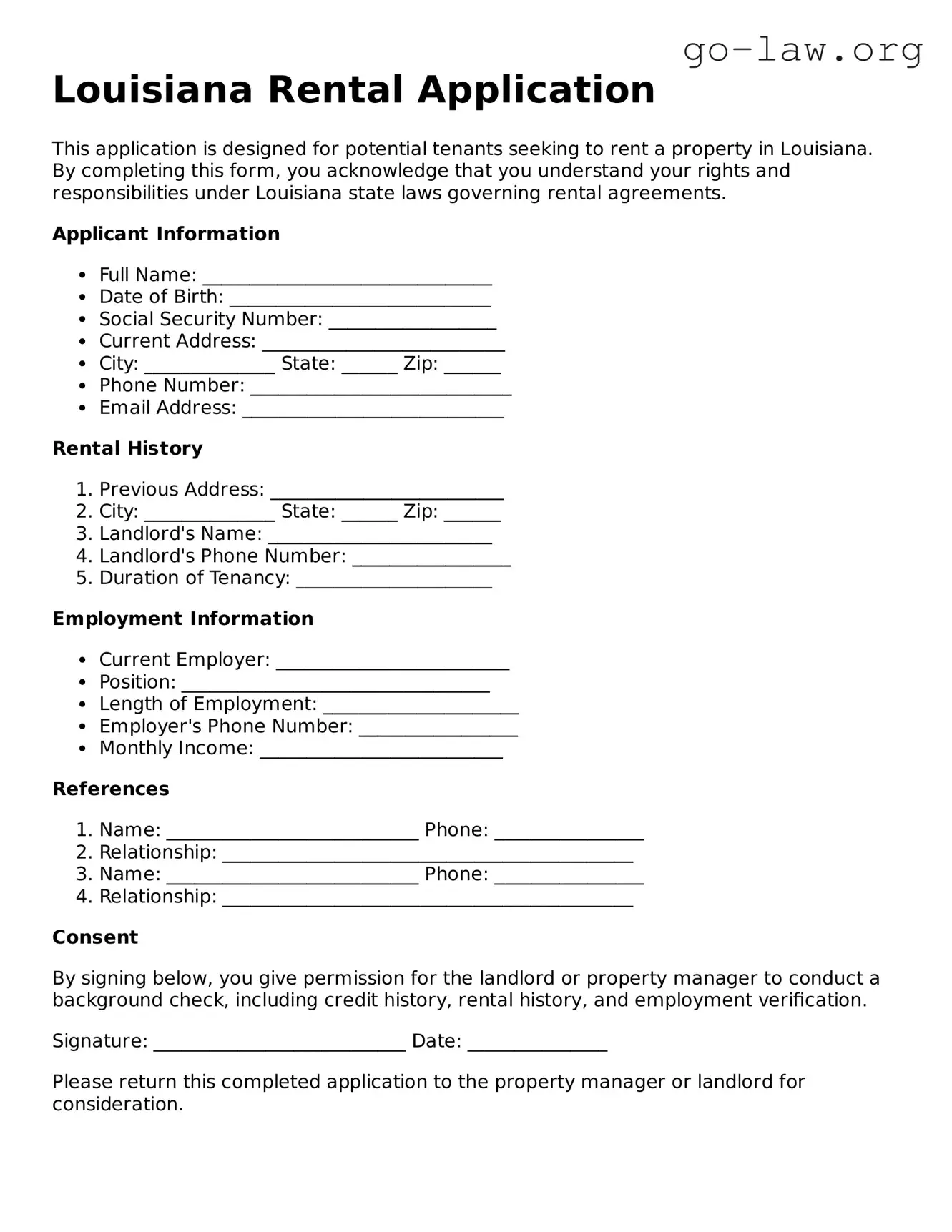 Fillable Louisiana Rental Application Form