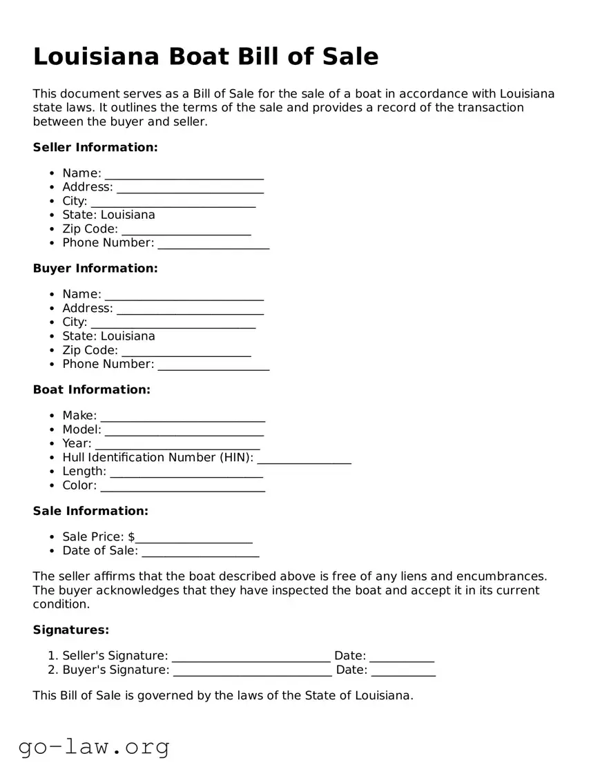 Fillable Louisiana Boat Bill of Sale Form