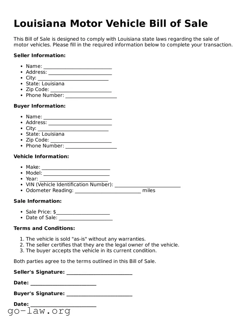 Fillable Louisiana Motor Vehicle Bill of Sale Form