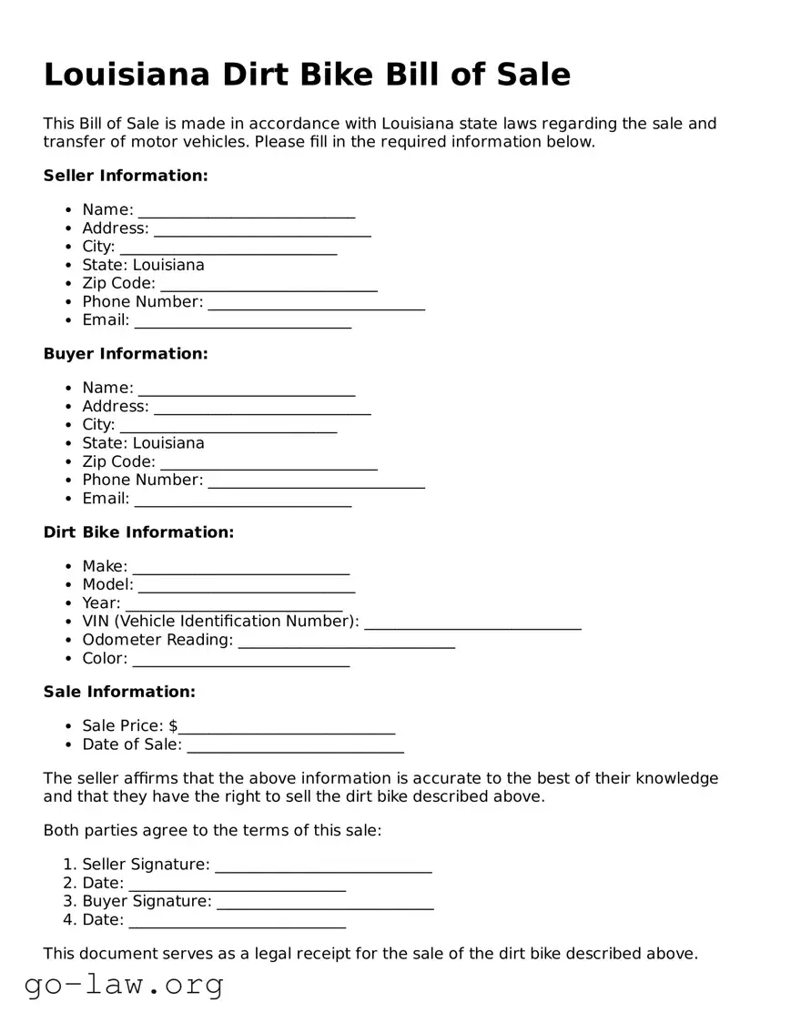 Fillable Louisiana Dirt Bike Bill of Sale Form