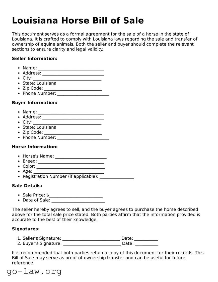 Fillable Louisiana Horse Bill of Sale Form