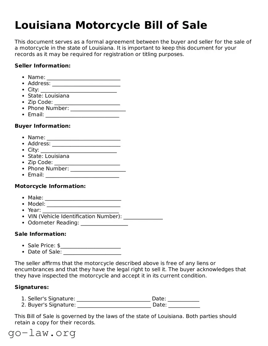 Fillable Louisiana Motorcycle Bill of Sale Form