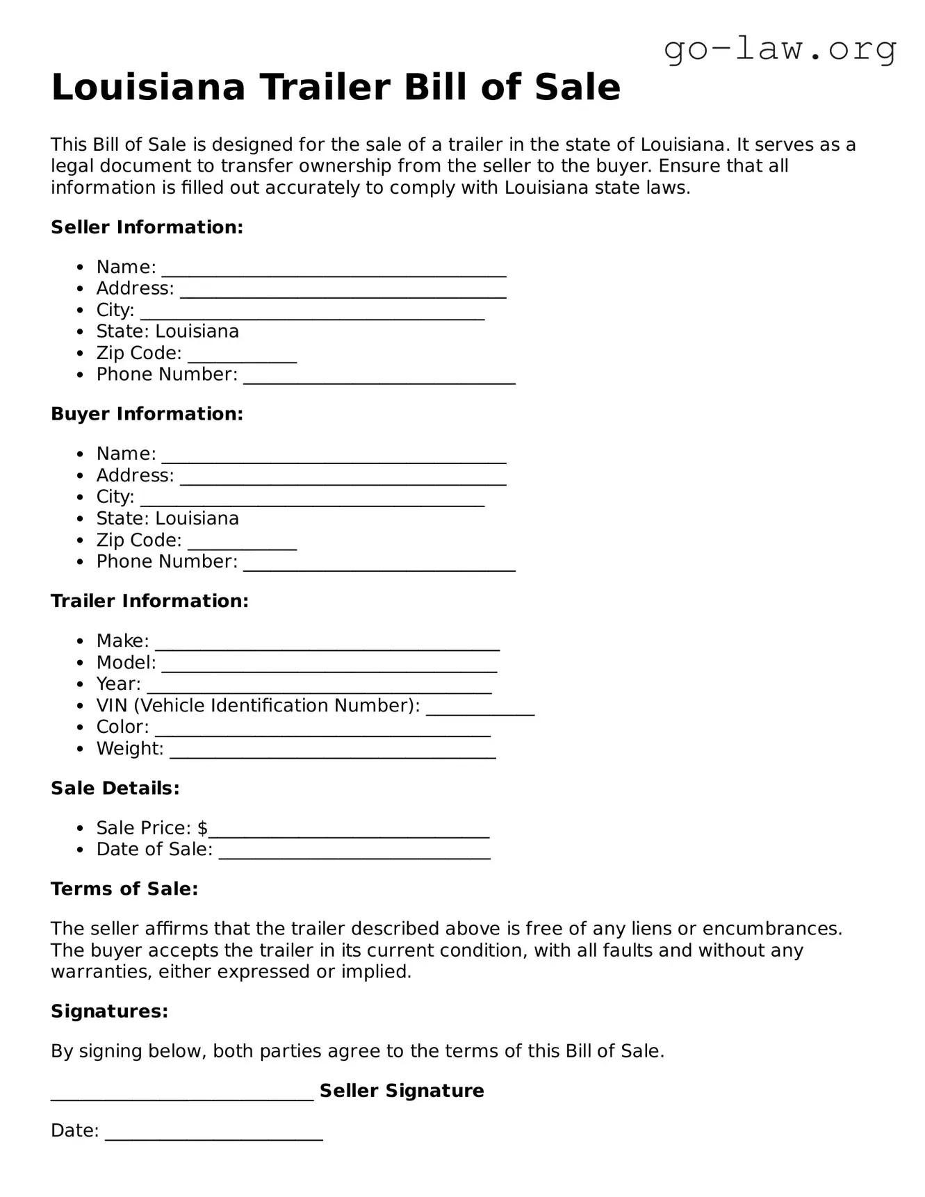 Fillable Louisiana Trailer Bill of Sale Form