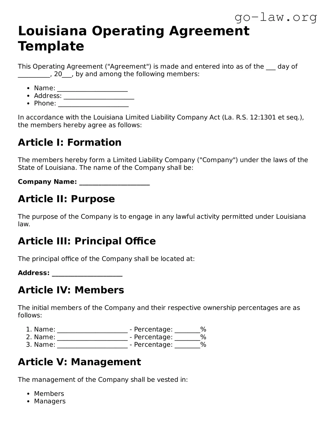 Fillable Louisiana Operating Agreement Form