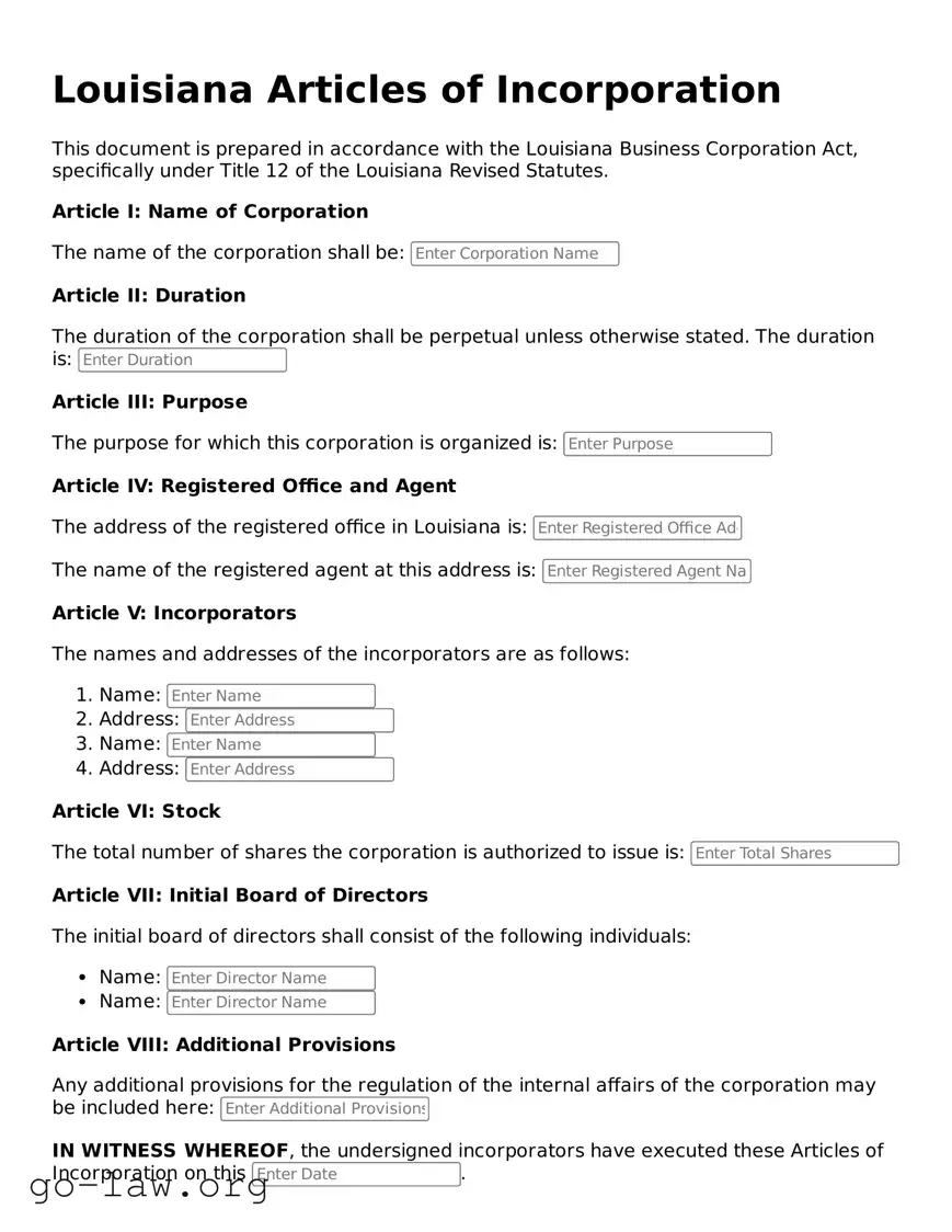 Fillable Louisiana Articles of Incorporation Form