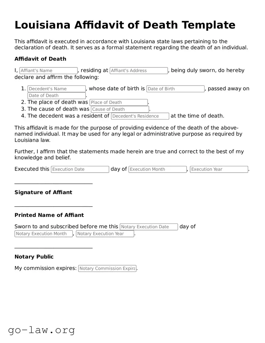 Fillable Louisiana Affidavit of Death Form