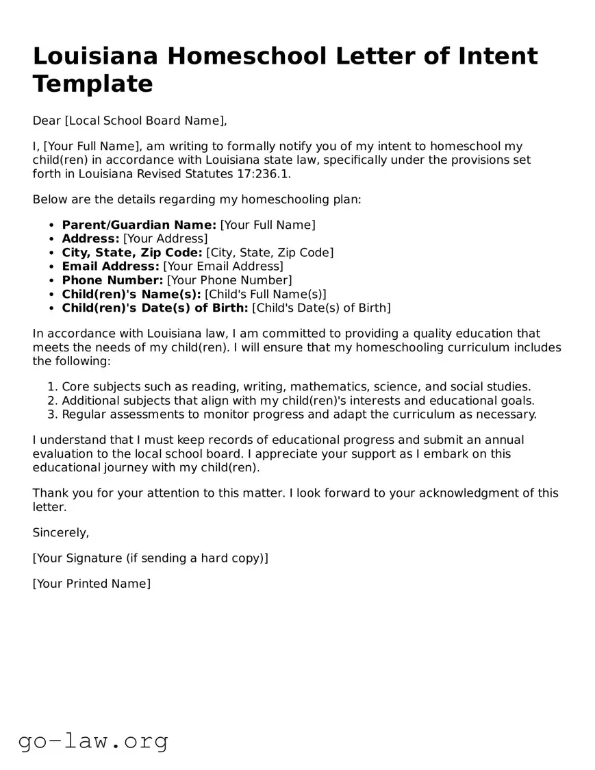 Fillable Louisiana Homeschool Letter of Intent Form