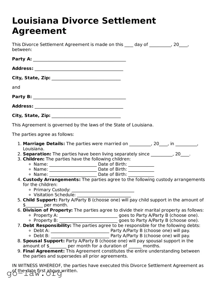 Fillable Louisiana Divorce Settlement Agreement Form