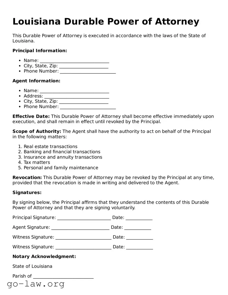 Fillable Louisiana Durable Power of Attorney Form