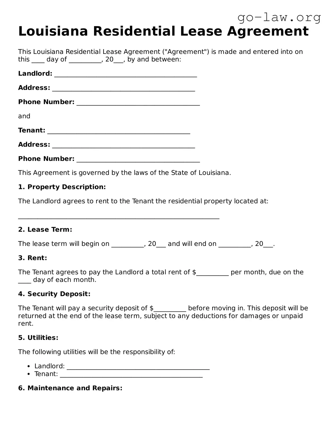 Fillable Louisiana Residential Lease Agreement Form