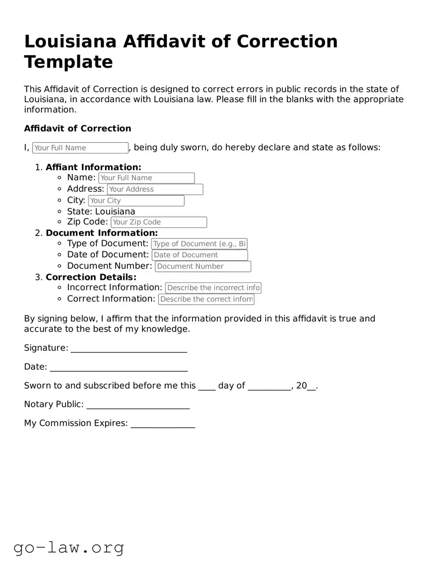 Fillable Louisiana Affidavit of Correction Form