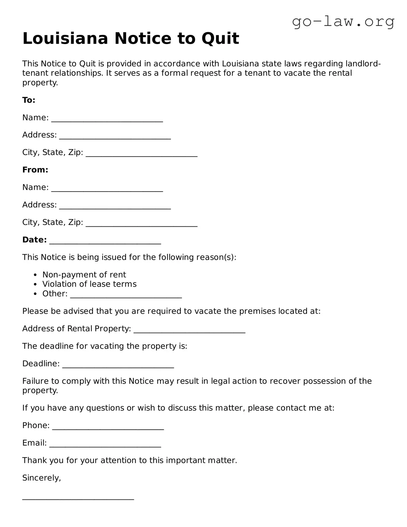 Fillable Louisiana Notice to Quit Form