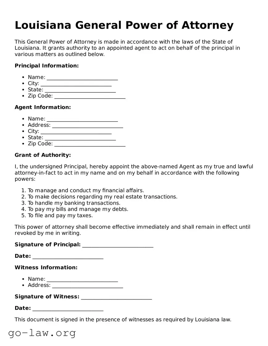 Fillable Louisiana General Power of Attorney Form