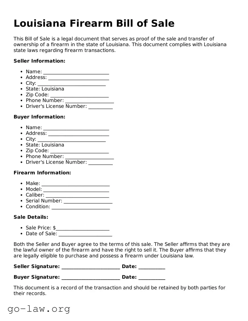 Fillable Louisiana Firearm Bill of Sale Form