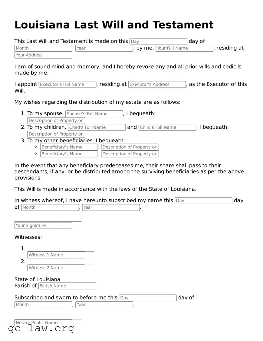 Fillable Louisiana Last Will and Testament Form