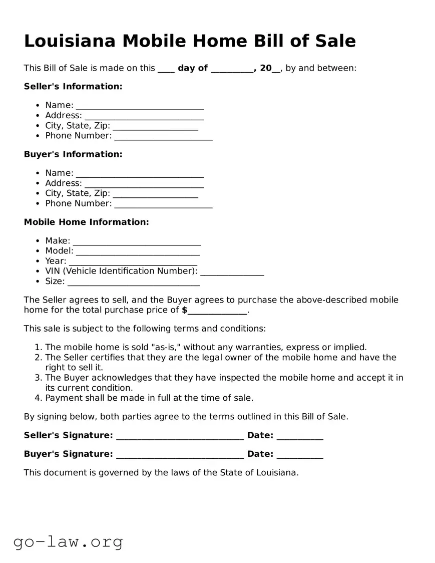 Fillable Louisiana Mobile Home Bill of Sale Form