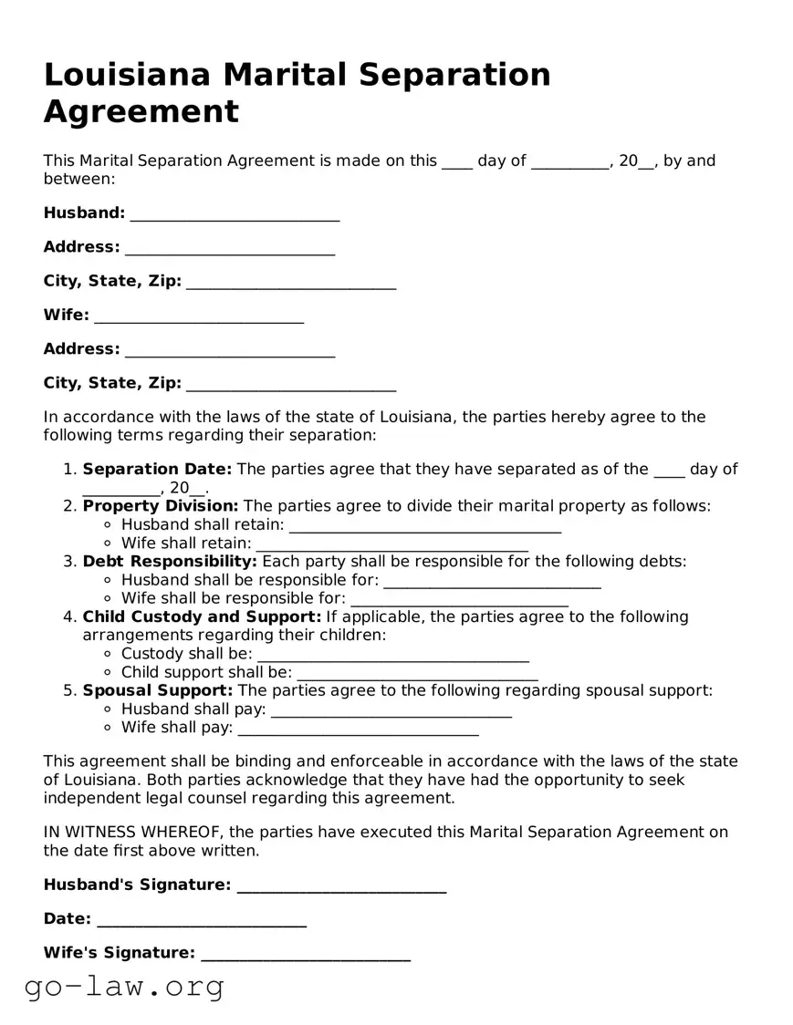 Fillable Louisiana Marital Separation Agreement Form