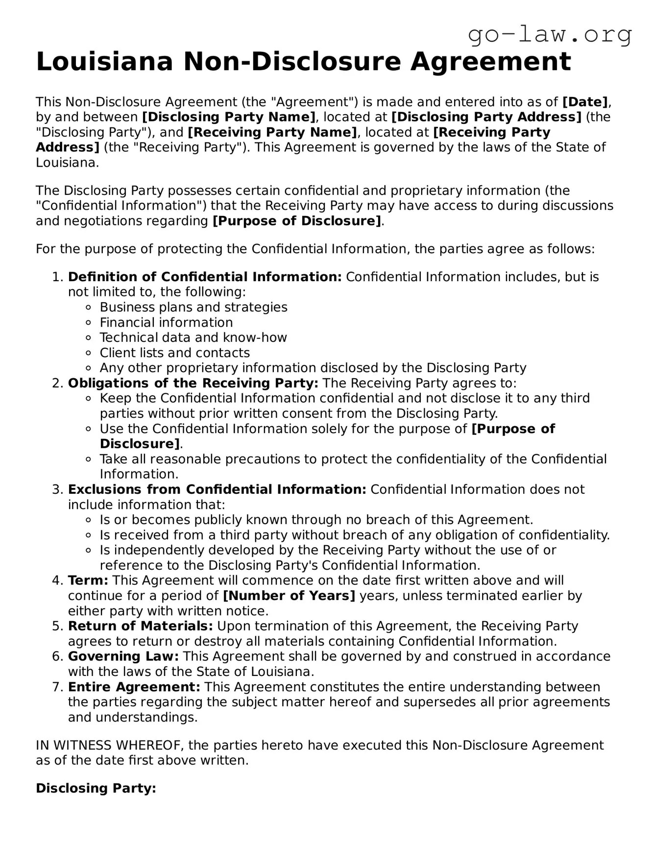 Fillable Louisiana Non-disclosure Agreement Form