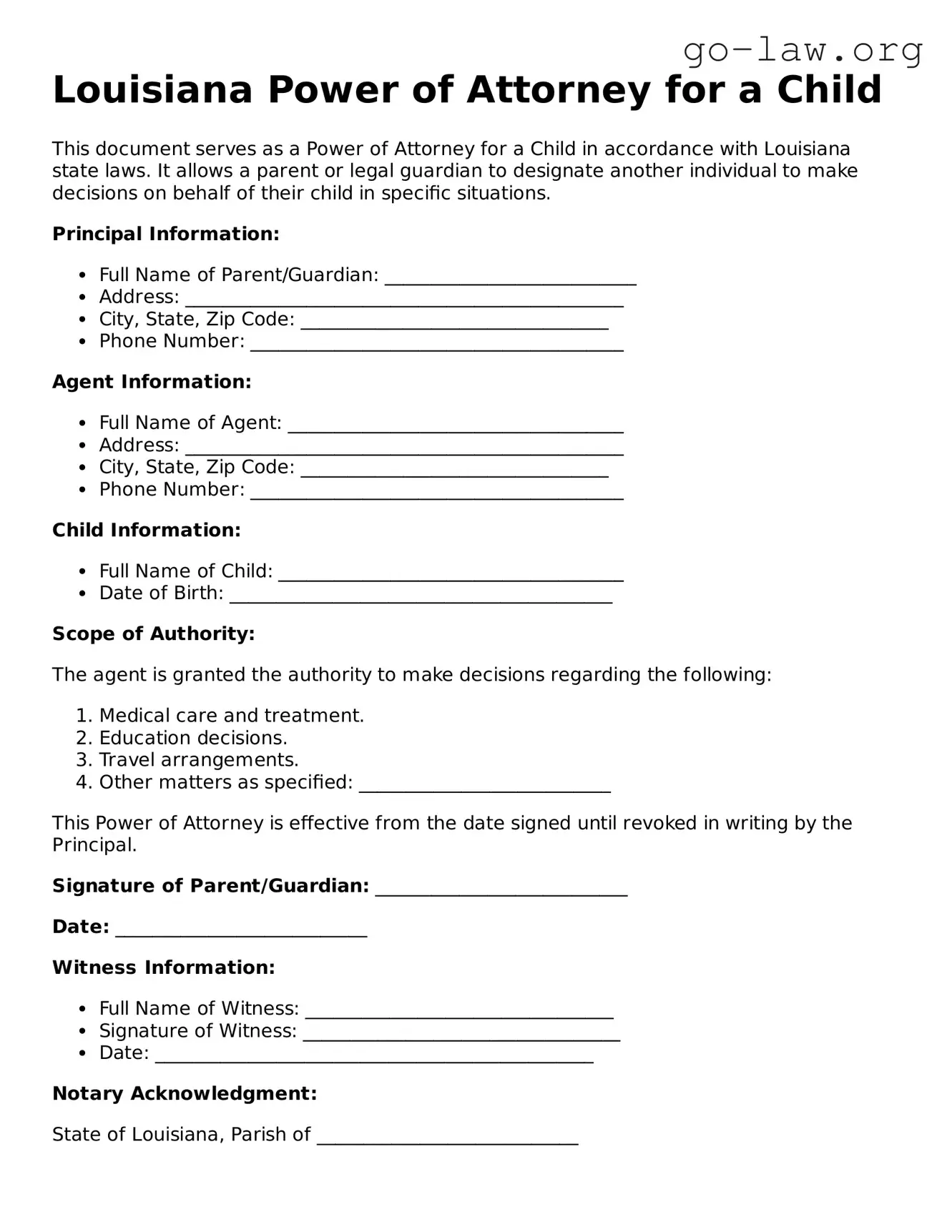 Fillable Louisiana Power of Attorney for a Child Form