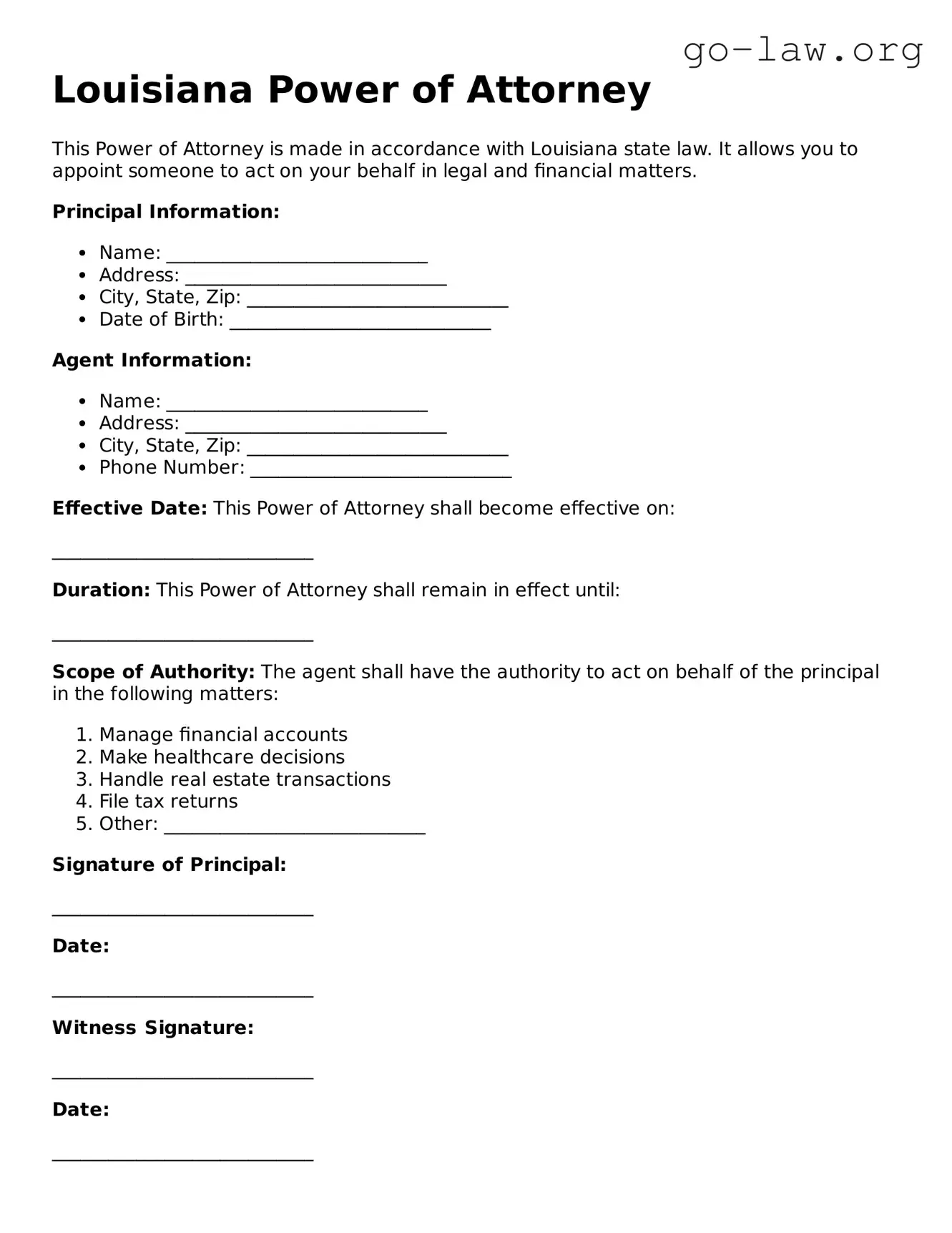 Fillable Louisiana Power of Attorney Form