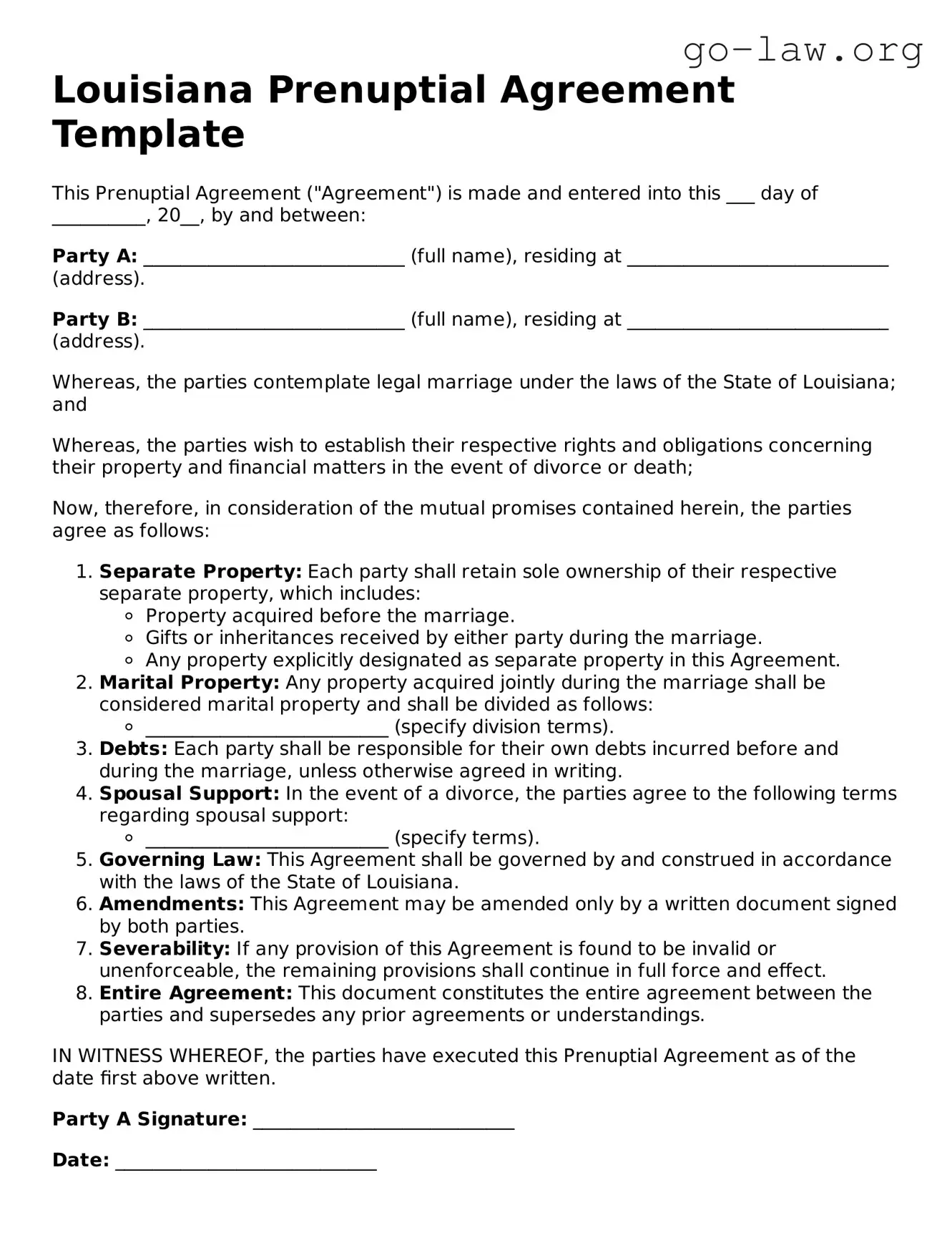 Fillable Louisiana Prenuptial Agreement Form