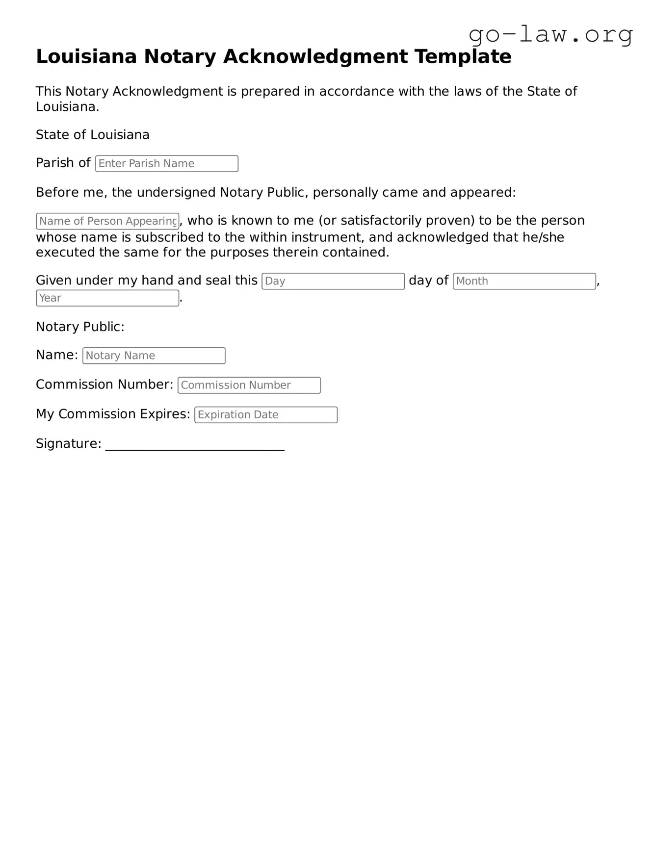 Fillable Louisiana Notary Acknowledgement Form