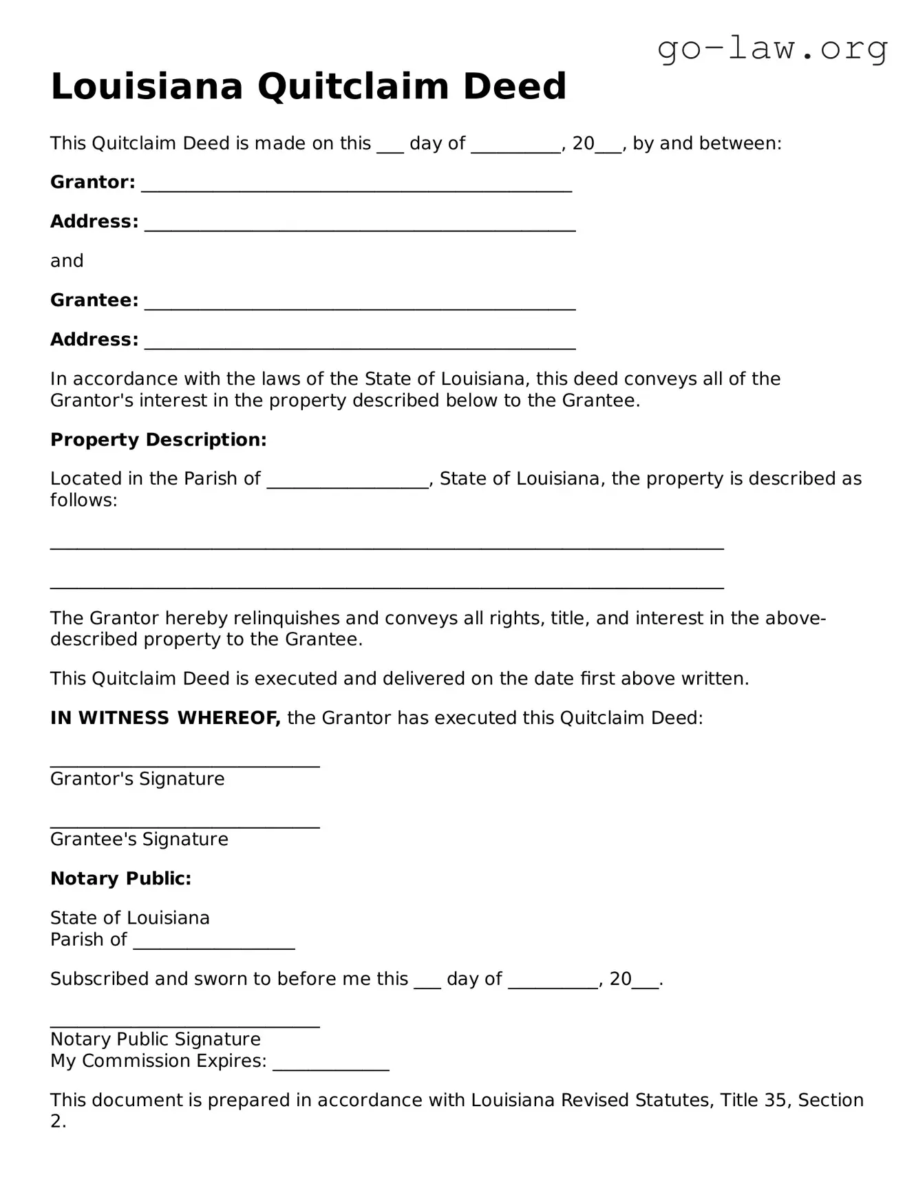 Fillable Louisiana Quitclaim Deed Form